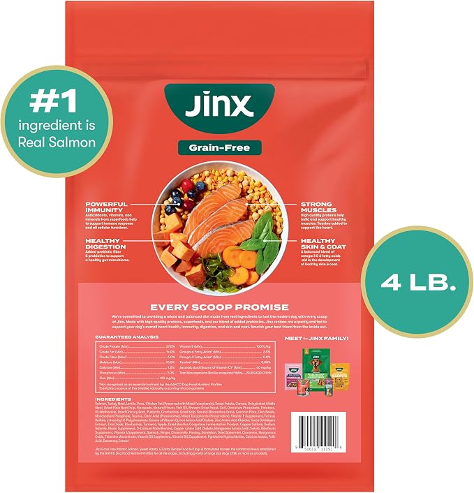 Jinx Grain Free Dry Dog Food - Real Salmon, Sweet Potato & Carrot, 4lb | Premium Kibble for Digestive Support & Healthy Immunity - No Fillers, All Lifestages (Puppy, Adult & Senior), Breeds & Sizes