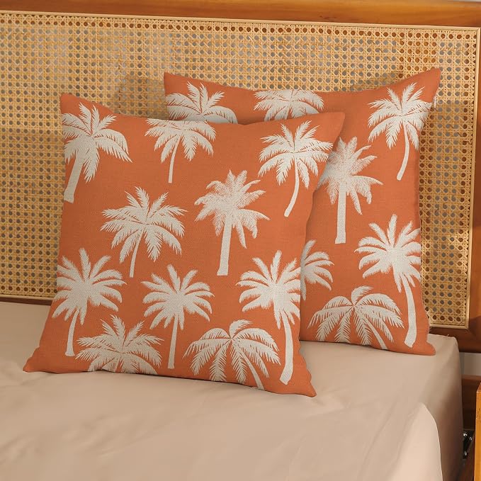 Burnt Orange Palm Tree Pillow Covers 18x18 Inch Set of 2 Vintage Tropical Decorative Pillow Cases Summer Outdoor Cushion Cover Farmhouse Linen Decoration Throw Pillows for Couch Living Room