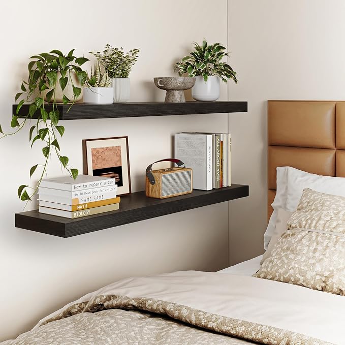 Fixwal Floating Wall Shelves for Decor (Black, Set of 2, 35.4Inch) | MDF Shelf with Metal Brackets, Space Saving for Books , Decor, Fits Bathroom, Kitchen, Bedroom, or Office