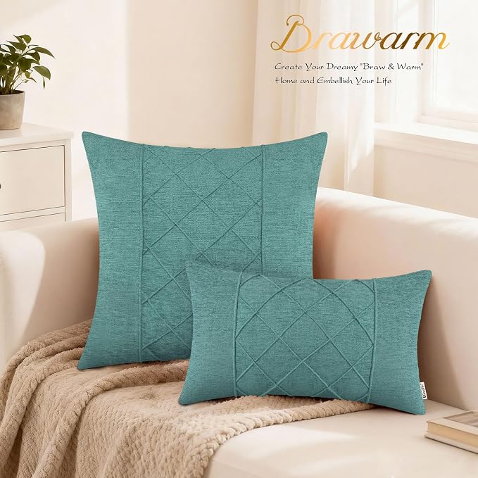 BRAWARM Chenille Throw Pillow Covers 22x22 Inches, Teal, 2 Pack | Decorative Pleated Pillow Covers, Soft Cushion Cases for Sofa Bed Living Room Home Farmhouse (No Insert)