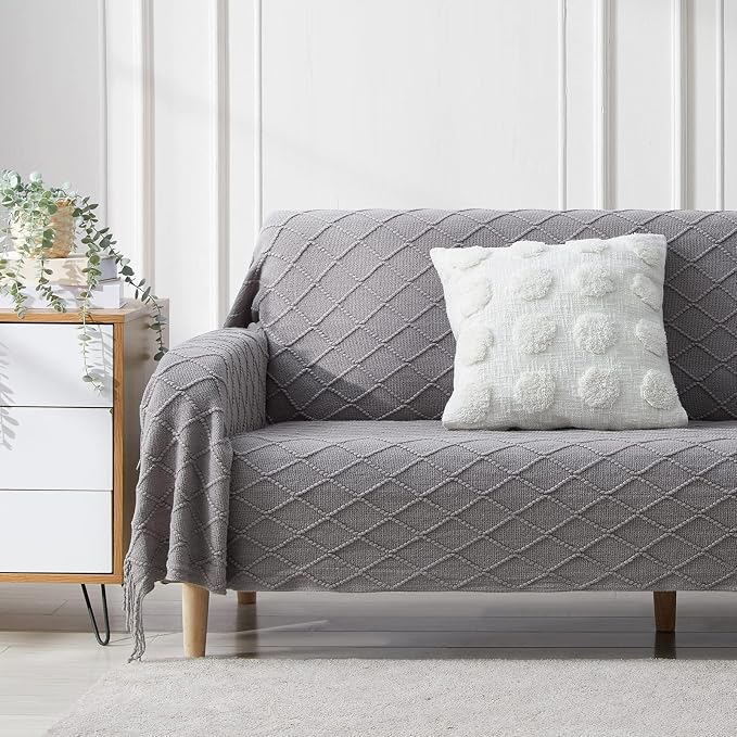 BOURINA Light Grey Throw Blanket 50x90Inch Boho Knit Soft Throw Bed Blanket | Knitted Throw Blanket 50x90 Inches, Soft Lightweight Boho Weave Throw Decorative Couch Blanket for Living Room Bed Runner