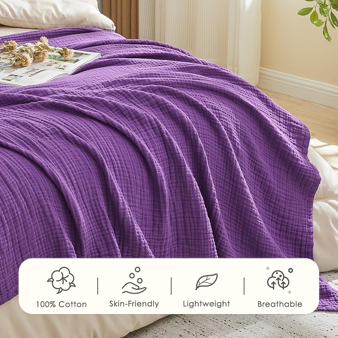EMME Muslin Blankets for Adults Throw Blanket for Couch Breathable Gauze Soft Lightweight Airy Purple Twin XL 66" x 90"