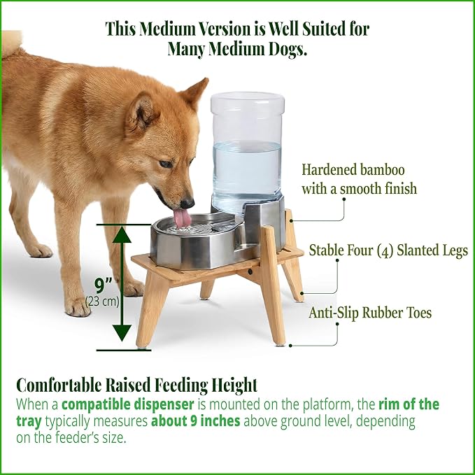 Dog Water and Food Dispenser Stand for Medium Dogs - Adjustable, Bamboo | Use to Elevate, Raise, Hold Gravity or Automatic Food Feeders and Water Bowl Dispensers - Medium