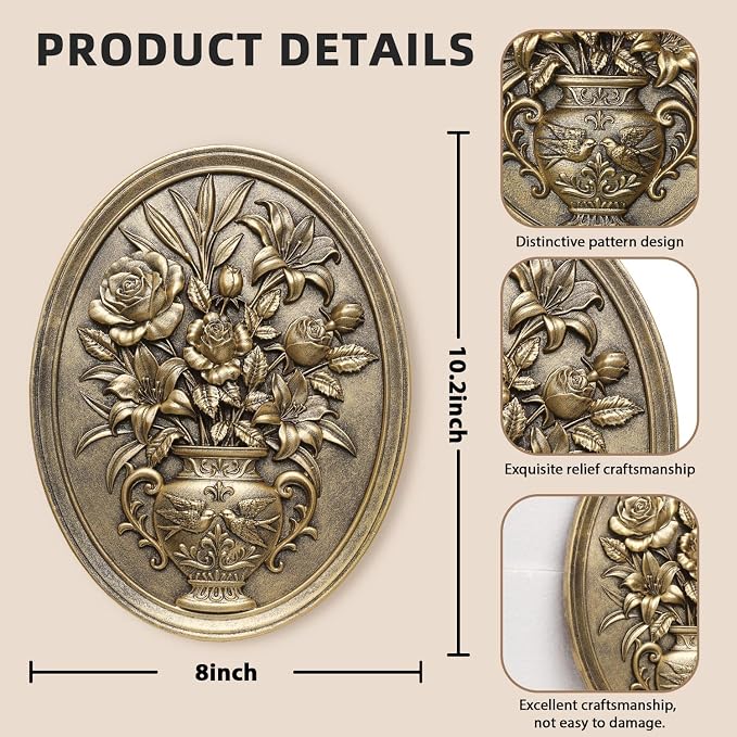 Vintage Flower Wall Sculpture 2 Pack ,Antique Wall Decor,Vintage Floral Wall Art, Hand Painted Wall Decoration with Embossed Flowers Design, Gold Wall Decor for Living Room Bedroom Dining Room, Housewarminng Gifts (Gold Flowers)