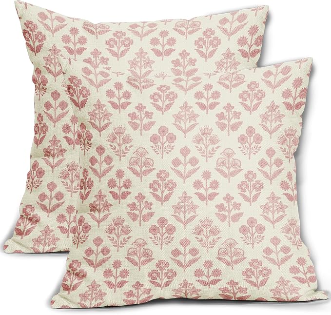 Pink Floral Block Print Pillow Covers 20x20 Inch Set of 2, Vintage Flower Decorative Throw Pillowcases for Home, Bedroom, Living Room, Porch, Office