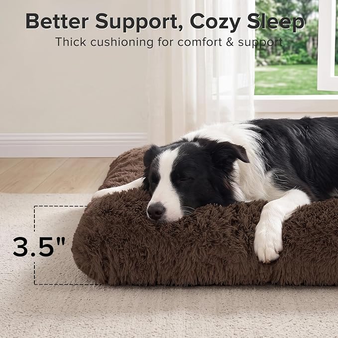 JOEJOY Large Dog Bed Crate Pad, Deluxe Plush Washable Dog Beds Fulffy Soft Kennel Pad Anti-Slip Pet Sleeping Mat for Large Medium Small Dogs, 35" x 23", Brown