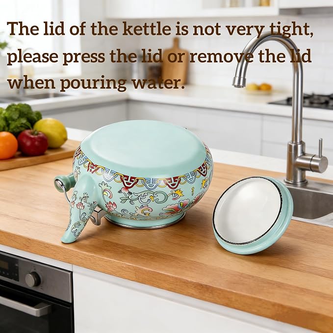 Pumtus 2.6 Quart Floral Enamel Tea Kettle, Vintage Enameled Teapot Stovetop, Enamel on Steel Water Coffee Tea Pot with Ceramic Handle, Colorful Hot Water Kettle for Home Kitchen Decor, No Whistling