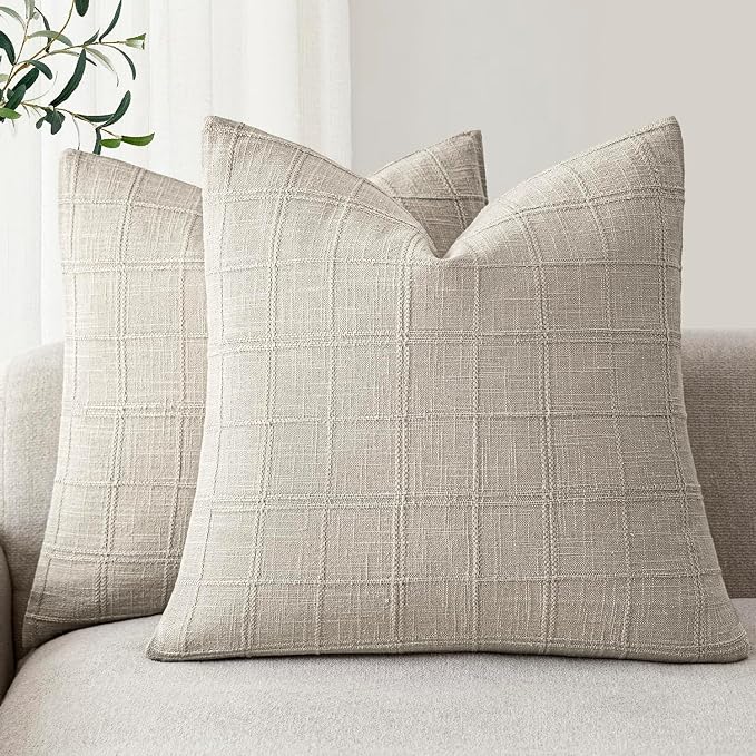 Foindtower Set of 2 Decorative Linen Check Throw Pillow Covers Neutral Farmhouse Vintage Cushion Covers Modern Coastal Boho Home Decor for Sofa Chair Couch Bedroom Living Room,22×22 Inch,Light Grey