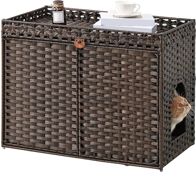SETVSON Cat Litter Box Enclosure Furniture, Handwoven PE Rattan, Brown | Large Double-Door PE Rattan Kitty House, Fits Large Covered Litter Boxes, 2 Litter Mats, 2 S-Hooks, Metal Frame