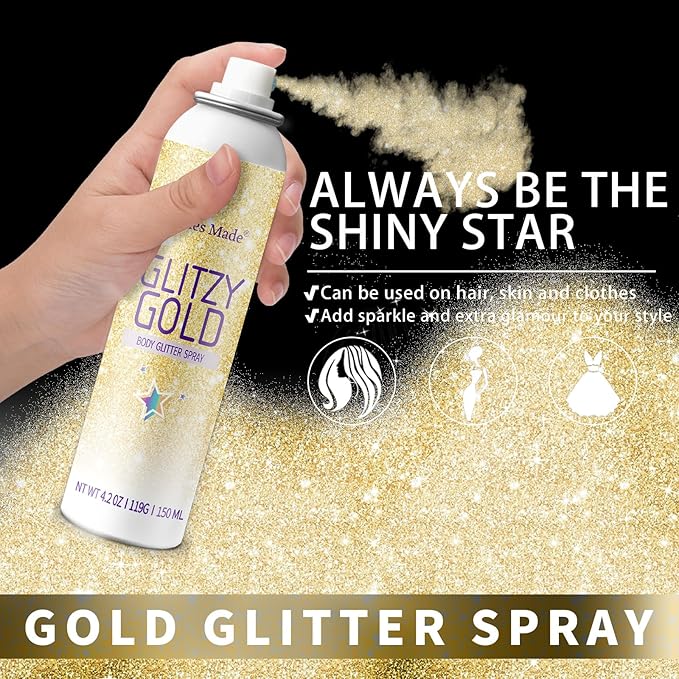 Hair Glitter, 2PCS Body Glitter Spray Glitter Hairspray for Kids Women, Long-Lasting Quick-Drying Holographic Glitter Spray for Hair and 8.4 Fl OZ (Holo Silver+ Gold)