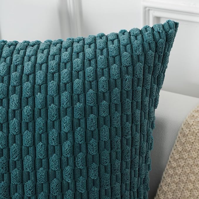 Kevin Textile Soft Corduroy 14"x24" Lumbar Pillow Cover 1 Pack, Teal Blue | Boho Stripe Plush Corduroy Decorative Oblong Cushion Cover Modern Farmhouse Home Decor for Sofa Couch Bed Chair