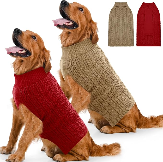 Dog Sweater 2 Pack for Large Dogs, Size XL, Red & Brown | Stretchy cable knit turtleneck, machine washable, high belly cut, comfy winter fit for English Bulldog, Boxer