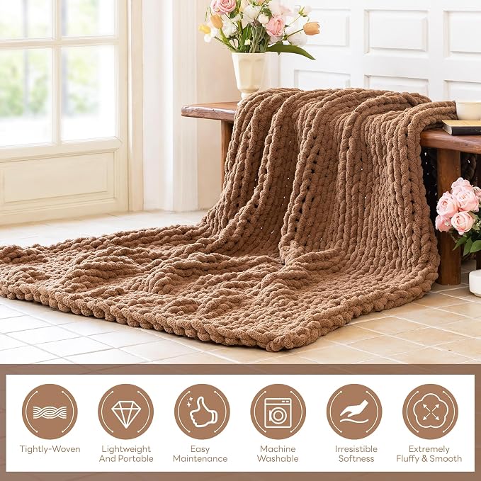 Chunky Knit Blanket - Luxury Soft Cozy 50 * 60 Throw Blanket,100% Woven Blanket Rope Knot Throw Blanket for Couch, Sofa, Home Decor, Gift - Machine Washable (Brown, 50 * 60)