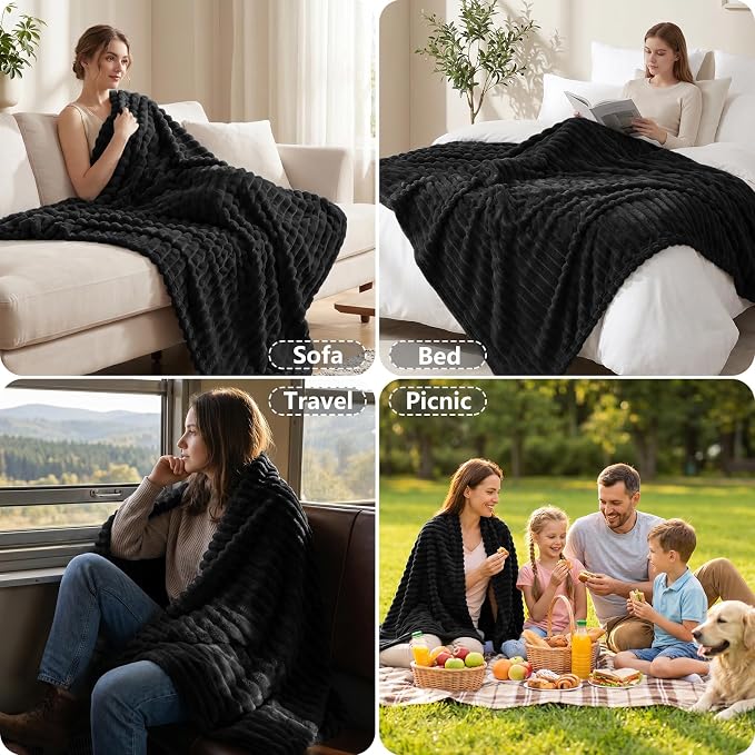 Black Twin Blanket for Bed & Couch, 60 x 80 Inch | 300GSM Ribbed Fleece Blanket, Soft, Cozy & Lightweight, OEKO-TEX Certified, All-Season Use for Travel, Dorm & Home Decor
