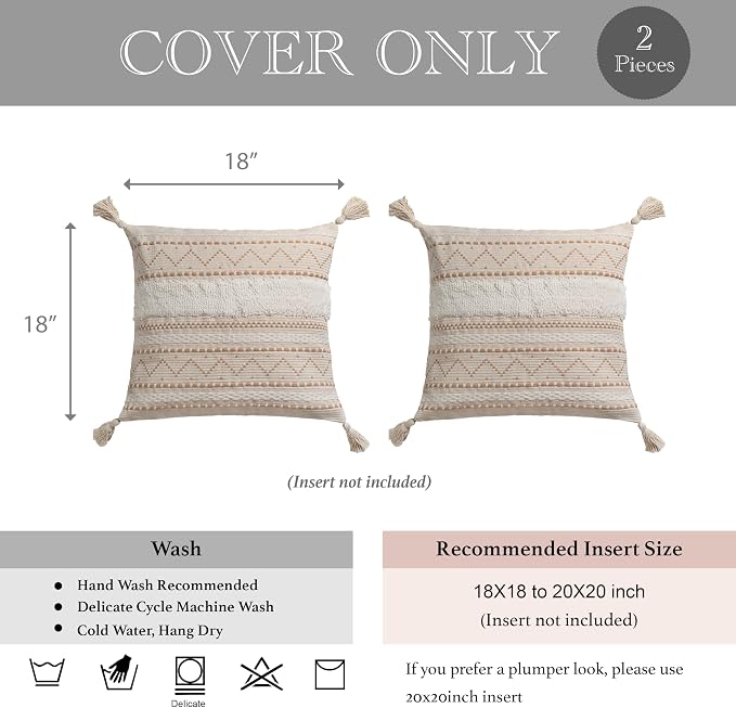 Decorative Throw Pillow Covers 18X18 Combo Set of 2 Square Cream Neutral White Boho Accent Pillowcase Tassels Farmhouse Cushion for Couch Sofa Bedroom Living Room Home Décor Cover ONLY