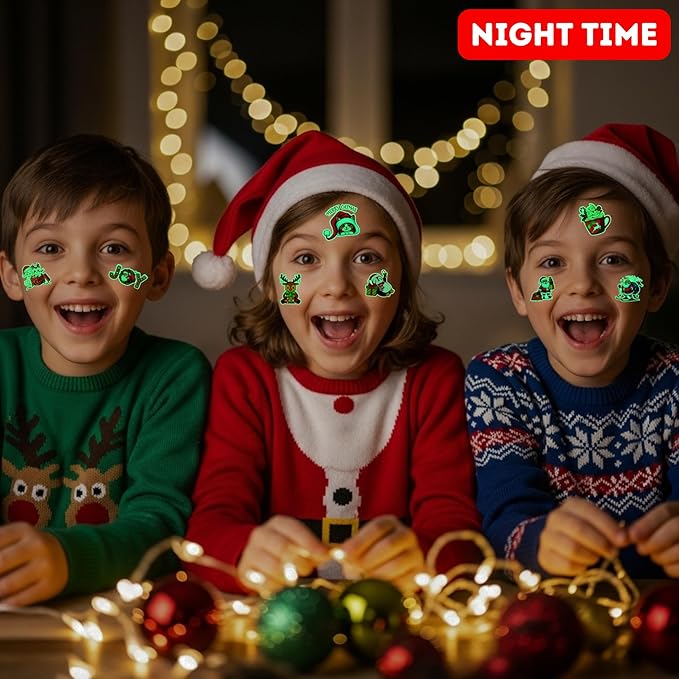 Luminous Christmas Temporary Tattoos - 60Pcs Christmas Decorations Xmas Party Decorations Party Favors Supplies Accessories Goodie Bags Decor Winter Reindeer Santa Claus Gift Idea For Kids Youth Adult