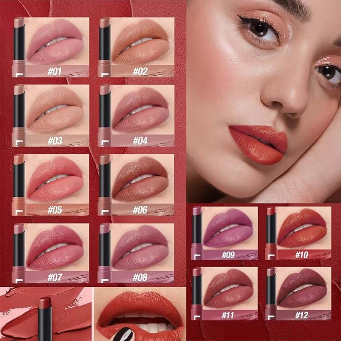 Matte Lipstick For Women Girls 24Hr Wear Waterproof Long Lasting Hypoallergenic Lipsticks - Lightweight Non-Drying, Fade-Resistant Formula 12 Trendy Colors for Daily Use Vegan & Cruelty-Free 01