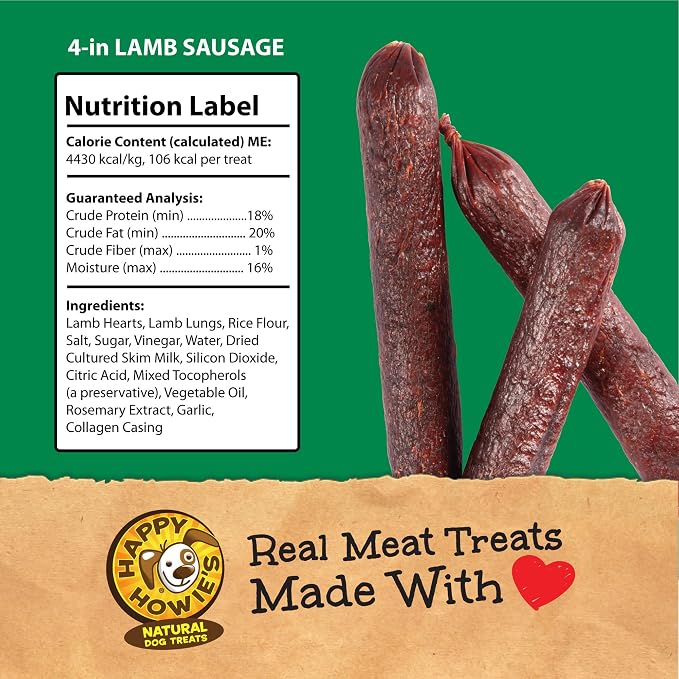 Happy Howie's Sausage Treats, Healthy Dog Treats, Lamb, (Pack of 1) | Flavorful Slow Cooked Lamb, Natural Ingredients, Chewy, Hormone Free