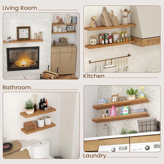 Floating Shelves for Wall, 36"Wx8"D Rustic Solid Elm Wood Floating Shelves Wall Mounted, Round Edge Wall Shelves with Invisible Bracket for Living Room Bathroom Bedroom Kitchen, Set of 2, Natural