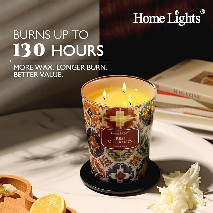 HomeLights 3-Wick Candles for Home Scented - 34oz Soy Wax Blend Candle Long-Lasting Fragrance, Bohemian Natural Textures Home Decor and Housewarming Gifts, Fresh Cut Roses