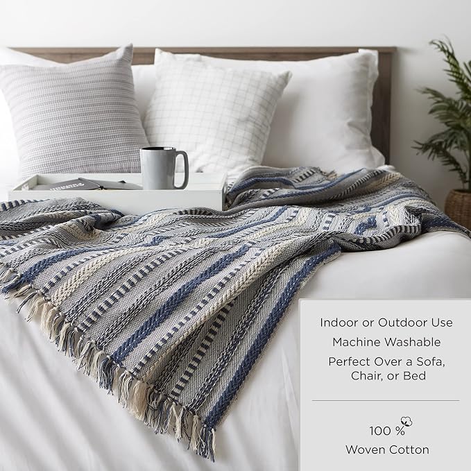 DII Modern Zig Zag Throw Blanket Woven Cotton, Hand-Knotted 2.5" Fringe, 50x60, Black
