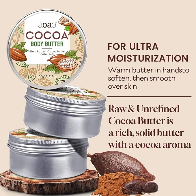 AOAO Cocoa Body Butter for Rough Flaky Skin, Shea Butter & Vitamin E Daily Moisturizer Absorbs Rapidly, Deep Hydrating Treatment, Provides Long-Lasting Nourishment for Silky Smooth Skin, 100g/3.5oz