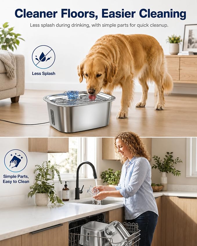 PETNF 2.1-Gallon Stainless Steel Dog Water Fountain for Large Dogs, Dog Water Bowl Dispenser with 2 Filters, Visible Water Window, Quiet Pump & LED Low-Water Indicator