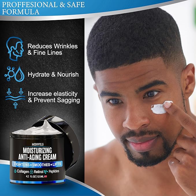 Mens Face Moisturizer Cream - Anti Aging & Wrinkle Repair - After Shave Lotion for Men with Collagen, Retinol, Peptides, Jojoba Oil - Age Facial Skin Care - Lightweight Day & Night Cream - 4.2 OZ