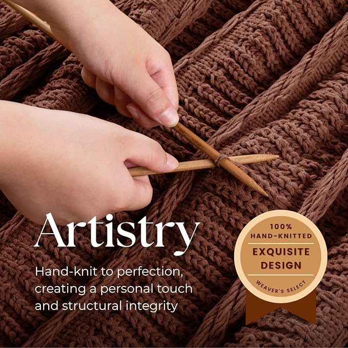 Boho Knitted Chenille Blanket with Tassels - Lightweight & Soft All-Season Throw - 3D Classic Pattern for Living Room Bedroom Couch, Copper Brown, Queen 90"x90"