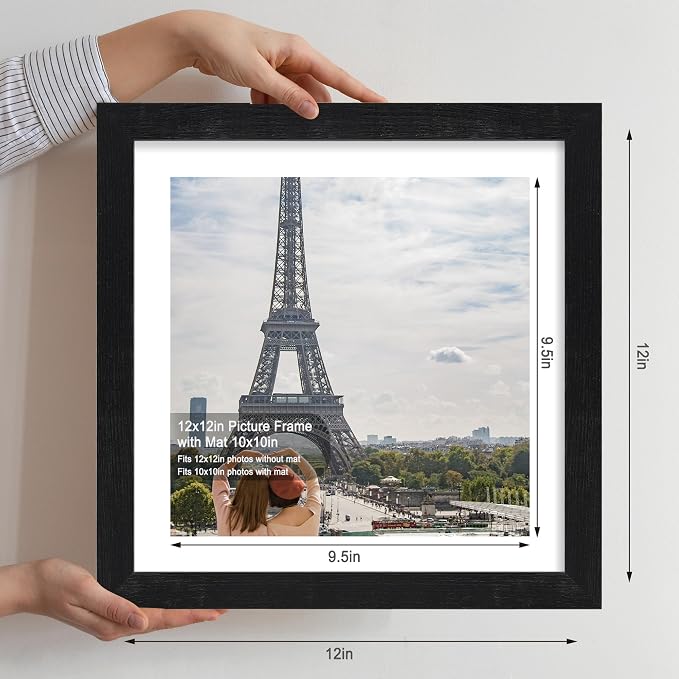 Hongkee 12x12 Picture Frame Set of 4 - Made of Glass and Rustic Black Wooden Frame, Display Square Pictures 10x10 with Mat or 12 x 12 without Mat, Desktop & Wall Collage Photo Frame