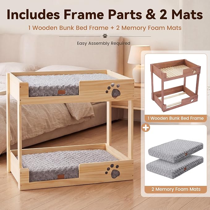 Wooden Bunk Dog Bed with 2 Memory Foam Beds | Modern Pet Furniture, Waterproof Liners, Washable Covers, 31.1 x 20.9 x 29.9 in, Bedside Window Perch, For Medium Dogs & Cats
