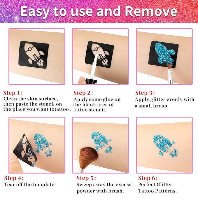 Temporary Glitter Tattoos Kit for Kids,36 Glitter Colors,222 Stencils,3 Glue,5 Brushes,Adults and Kids Arts Glitter Kit, Gifts for Girls & Boys Birthday Party Christmas Day.