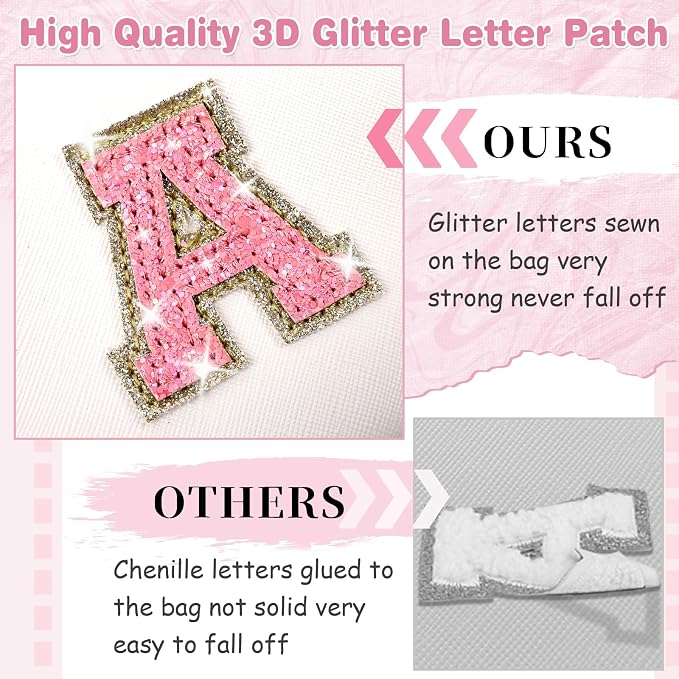 Small Initial Patch Makeup Bag Personalized Gifts Make Up Bag,White Cute PU Leather Glitter Letter Cosmetic Bag with Zipper,Trendy Portable Travel Toiletry Pouch,Preppy Stuff for Teen Girls Women L
