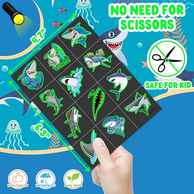 96 PCS Ocean Shark Glow In The Dark Pre-Cut Temporary Tattoos Sticker Sea Animal Birthday Party Decorations Decor Favors Supplies Gifts Boys Girls Cute Fake Tattoo School Reward Themed (Luminous)