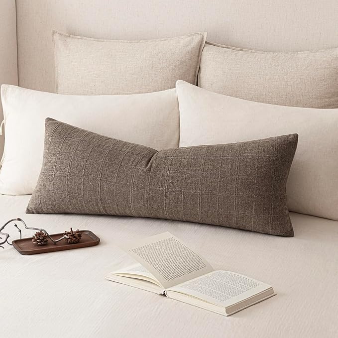 Foindtower Set of 2 Decorative Linen Check Throw Pillow Covers Neutral Farmhouse Vintage Cushion Covers Cozy Modern Boho Home Decor for Sofa Chair Couch Bedroom Living Room,14×36 Inch,Taupe Grey