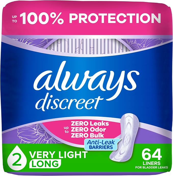 Always Discreet Incontinence Panty Liners for Women with Bladder Leaks, Size 2, Very Light Absorbency, Long Length, Up to 100% Bladder Leak Protection 64 CT