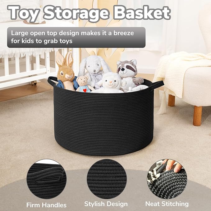 Goodpick Large Woven Basket for Blankets, Nursery & Living Room Decor, 85L | 21.7 x 21.7 x 13.8 In Toy Storage Basket for Nursery, Blanket Basket for Living room, Laundry Basket, Black
