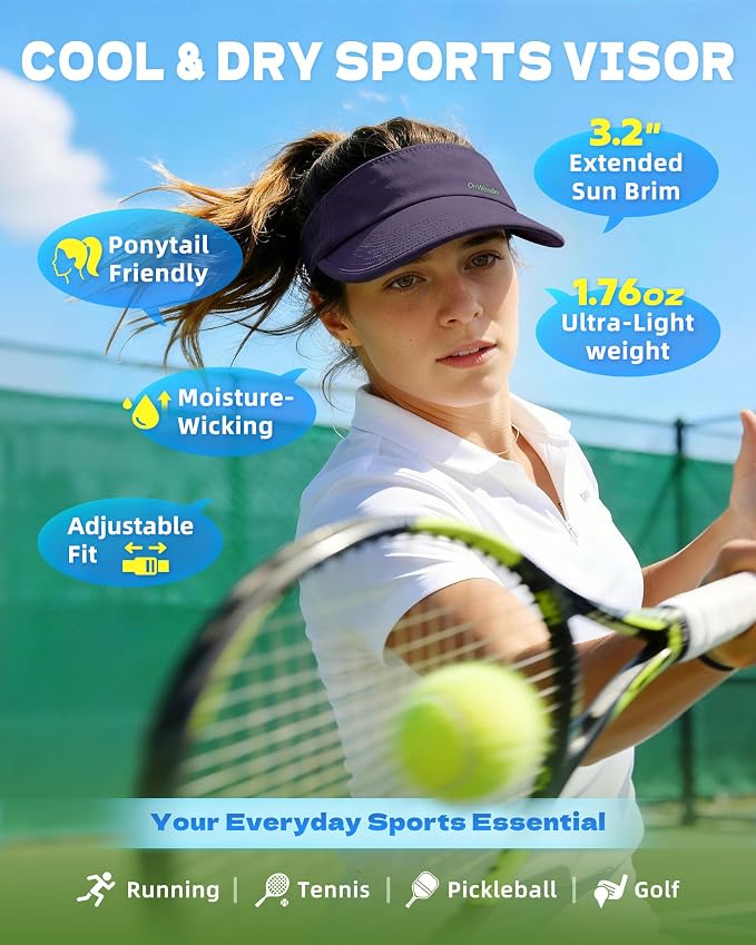 Sun Visor Hats for Women Men - Wide Brim Quick Dry Adjustable Hat | Upf 80+ Sun Protection Sport Hat, Cooling Sweatband; Breathable Quick-Dry Fabric Visors for Running, Tennis, Golf, Sports
