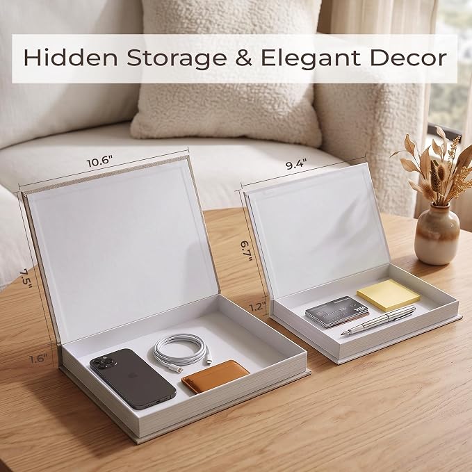 2pc Linen Decorative Faux Book Box Set with Hidden Storage | 100% Real Linen Fabric, Heavy-Duty Non-Warping Cover, Secure Invisible Magnetic Lid, Coffee Table Styling Riser