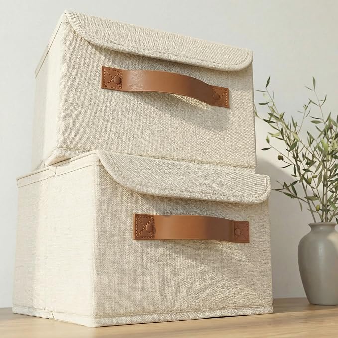 Decorative Linen Storage Boxes with Lids - Spacious Set of 2 Organizer Bins | The Perfect Small Container for Home Decor - Safely Store Photos, Documents and Memory Box Keepsakes in Style