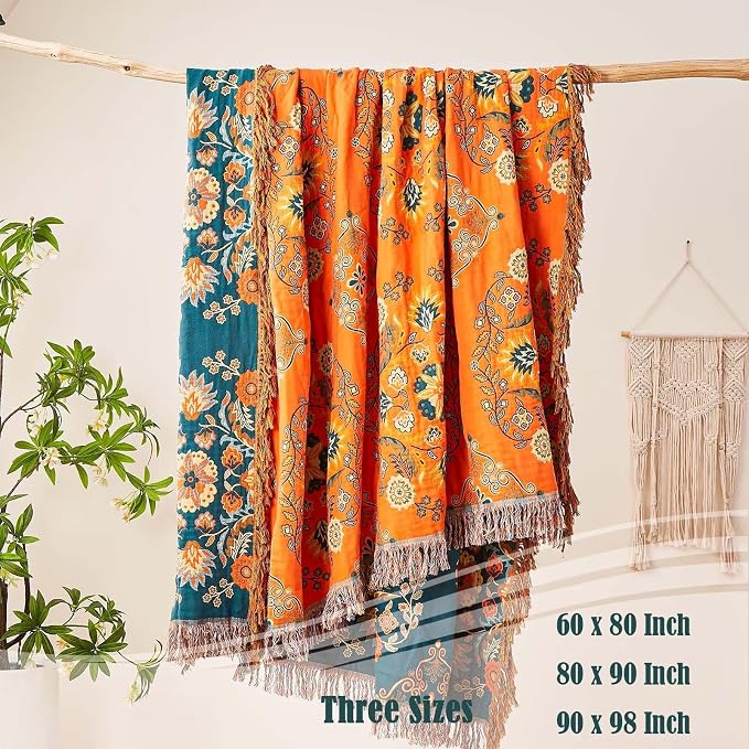XIBLC Boho Throw Blanket 100% Cotton Ultra Soft Luxury Throw Rustic Quilt 50"x60" Floral Printed Farmhouse Decor Bed Summer Blankets All Season Rustic Reversible Bohemian Throw for Bed Orange