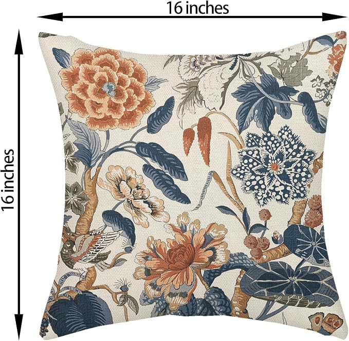 Navy Blue Orange Pillow Covers 16x16 Inch Set of 2 Vintage Blue Floral Throw Pillows Chinoiserie Flower Decorative Pillow Case Outdoor Linen Farmhouse Cushion Cover for Couch Sofa Decorations