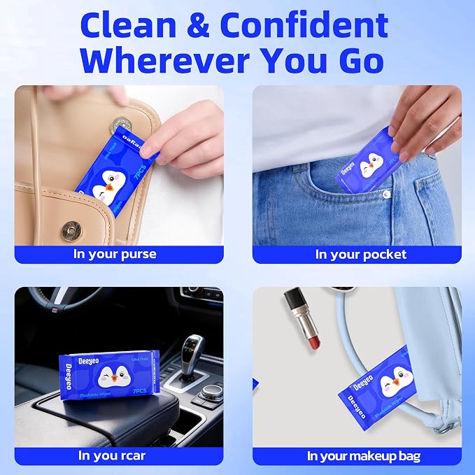 Deeyeo On-the-Go Flushable Butt Wipes, 56 Count (8 Packs of 7) | 99% EDI Purified Water Wipes for Sensitive Skin, Septic and Sewer Safe,Travel Essentials for Adults & Kids