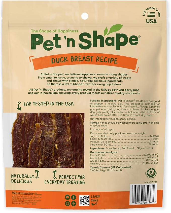 Pet 'n Shape Duck Breast Jerky Dog Treats - 16 Ounce | Premium duck breast recipe, Limited ingredients, Wheat and soy free, Training reward, For all life stages, High protein