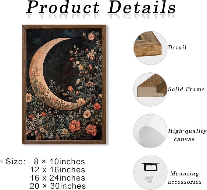 JLTULT Floral Moon Wall Art, Gothic Botanical Framed Canvas, 20 x 30 In | Dark floral moon art on fade-resistant canvas with a ready-to-hang wood frame for bedrooms, living rooms and bathrooms