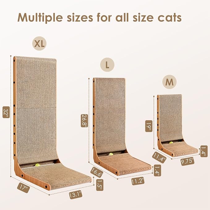EHEYCIGA Cardboard Cat Scratcher for Indoor Cats, 19 Inch, Brown | L Shaped Scratching Post, Vertical Cat Scratching Board with Ball Cat Toy, Furniture Protector, Kitten Cat Scratch Pad