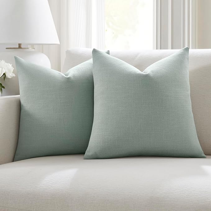 Meekio Set of 2 Sage Green Throw Pillow Covers 18x18, Modern Farmhouse Linen Blend Decorative Pillow Covers for Couch Sofa Bed, Neutral Home Decor