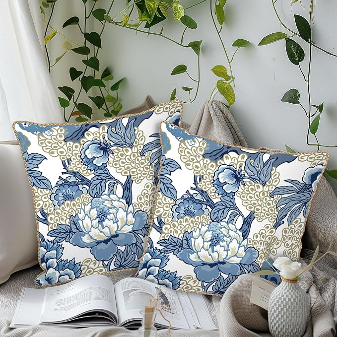 KSLIDS Vintage Floral Soft Velvet Throw Pillow Covers Set of 2 Blue Beige Floral Decorative Pillow Covers 16x16 Inch Chinoiserie Retro Pillow Case for Sofa Couch Bedroom Farmhouse Home Decor