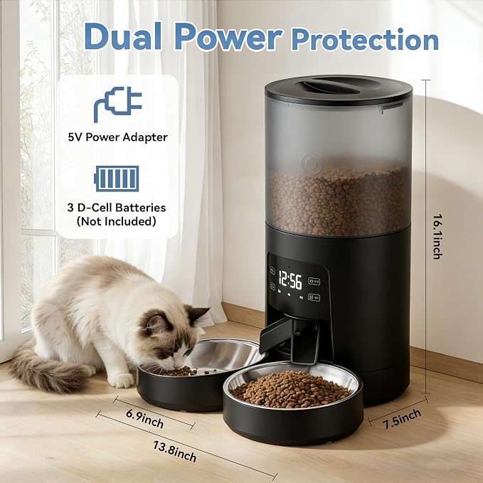 DUMOS 6L Automatic Cat Feeder for 2 Cats, Timed Pet Food Dispenser, Black | 2 Stainless Bowls, 10s Voice Call, Dual Power Supply, 6 Meals Per Day, 50 Portions Per Meal, Dual Pet Feeder for Cat and Dog