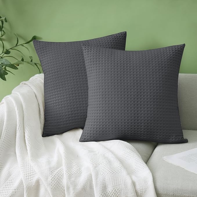 100% Egyptian Cotton 600 TC Waffle Weave Throw Pillow Covers 2 Pack | Ultra Soft Breathable Euro Pillow Shams Covers, Decorative Cushion Covers for Bed Couch Sofa Car, Dark Grey, 20" x 20"